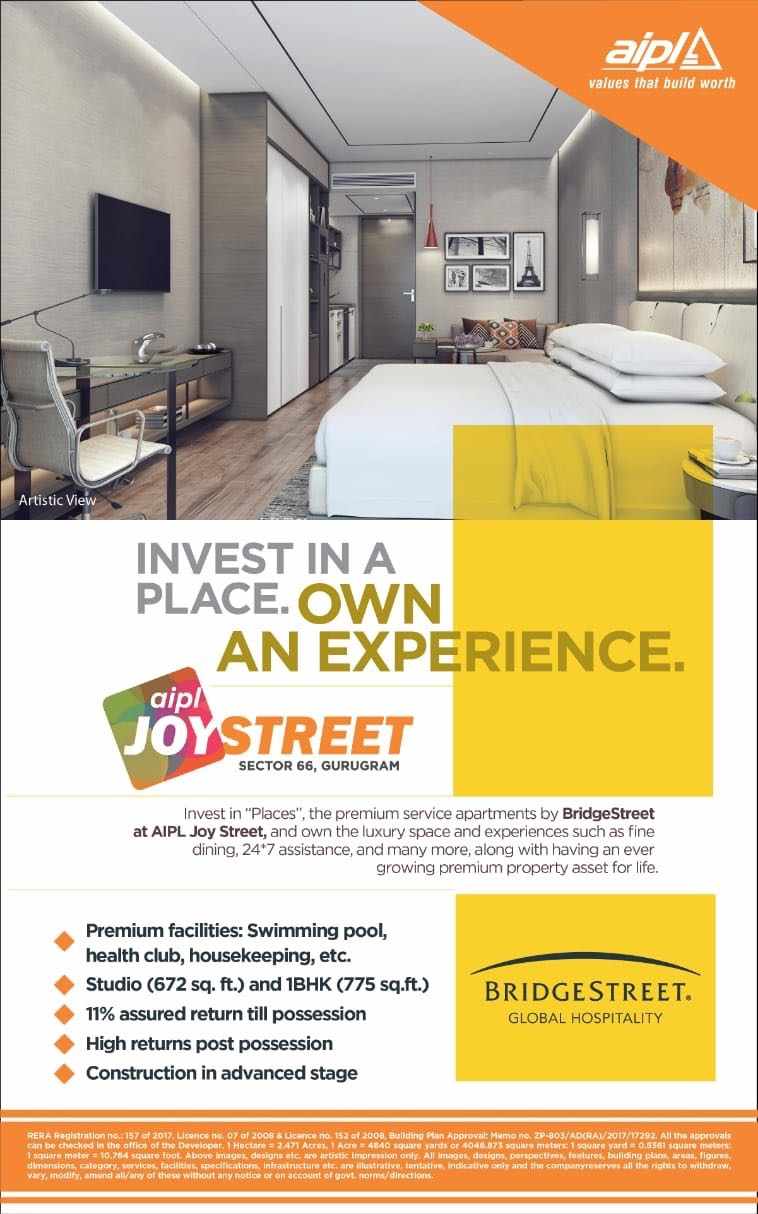 Invest in Bridgestreet managed serviced apartments at AIPL Joy Street in Gurgaon Update